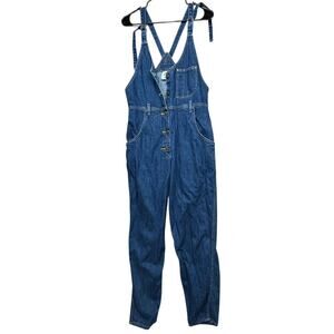 Lee Overalls Womens Large Blue Denim Button Front V Neck Utility Pockets